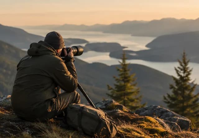 A wildlife photographer at a misty overlook, scanning a valley below.
