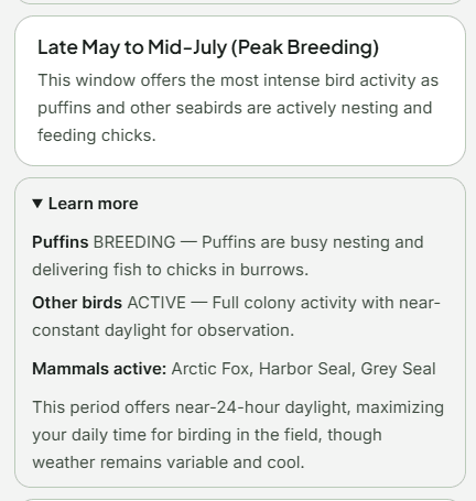 A Faunero seasonal timing card for late May to mid-July peak breeding with learn-more detail.