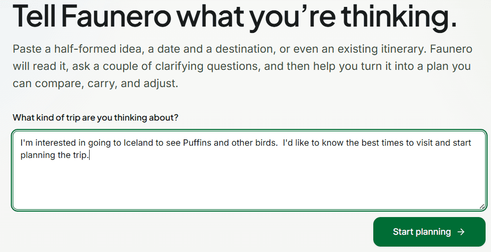 A Faunero planning screen with an Iceland puffin trip idea typed into the start-planning box.