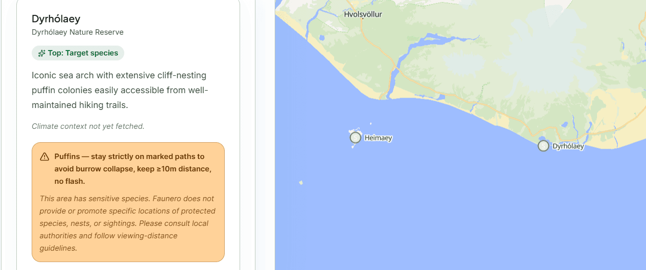 A Faunero map view showing Dyrholaey with a puffin warning card and nearby map pins.
